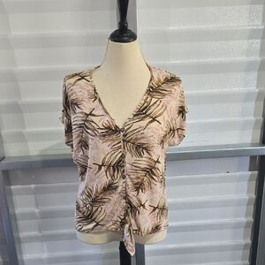 Lavish Pink and Brown Floral Blouse Tie Front Size Large